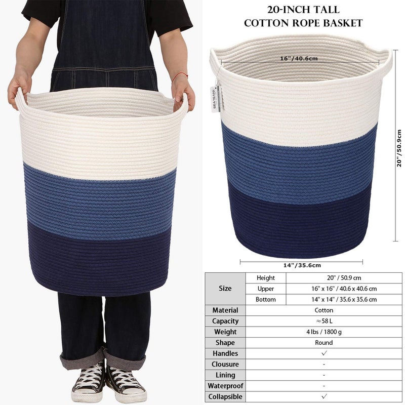 Sea Team Large Size Cotton Rope Woven Storage Basket with Handles, Laundry Hamper, Fabric Bucket, Drum, Clothes Toys Organizer for Kid's Room, 20 x 14 inches, Round Open Design, White & Navy - Image 5